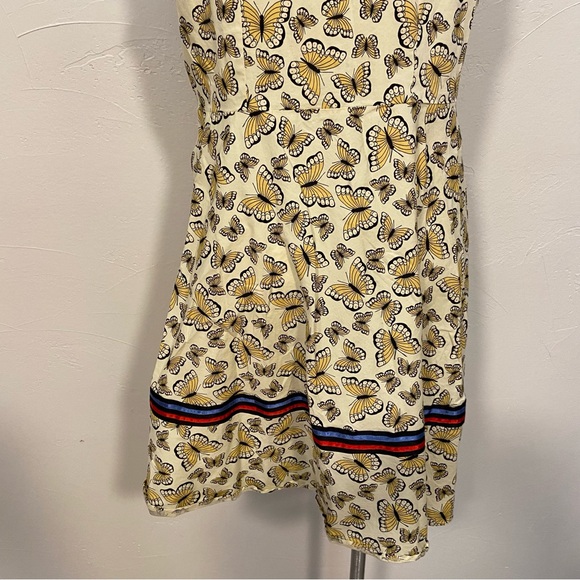 NIZA SPAIN YELLOW BUTTERFLY PRINT EMBROIDERED RIBBON SPLIT NECK SLEEVELESS DRESS - Picture 11 of 16